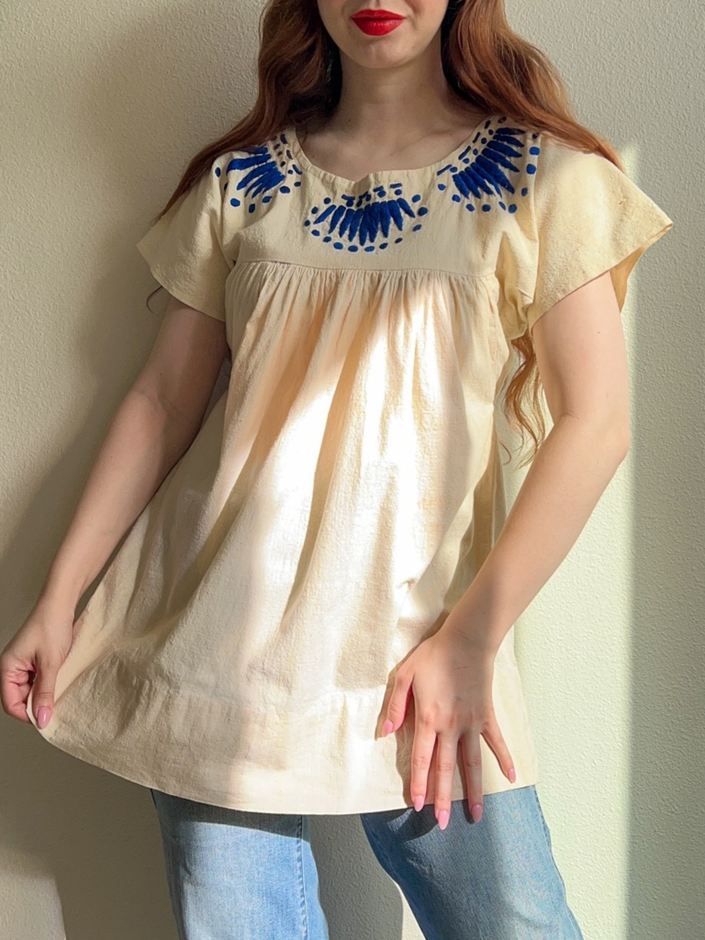 Vintage 1970s Cream Tunic With Cobalt Blue Embroidery (M/L)